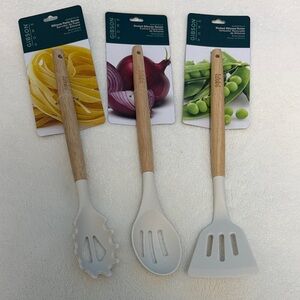 Gibson Home Silicone and Wood 3-Piece Utensil Set - Cream Handles